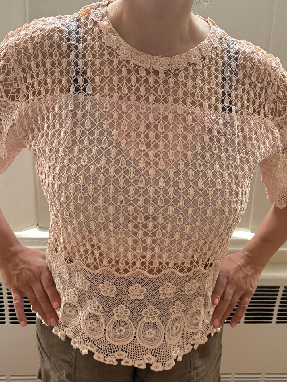 Sheer Lace Crochet Top in Blush Pink